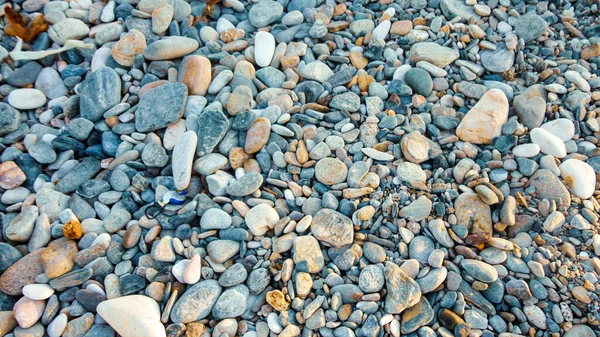 晴れた日には石のビーチ 浜の上から見た小石の背景 — ストック写真