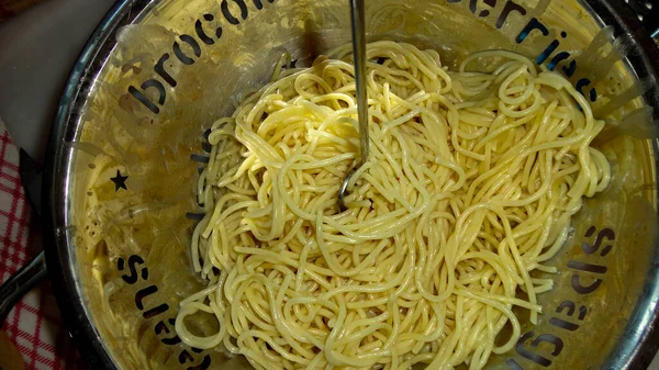 Large Bowl Freshly Cooked Pasta Metal Fork Closeup — Stock Photo, Image