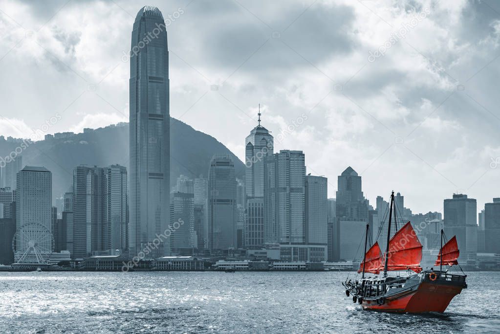 Retro small ship in Hong Kong harbour.