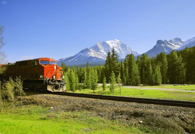 Lake Louise İstasyonu Kanada Rocky Dağları'na yük treni yaklaşıyor.