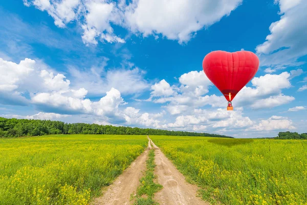 Globo Aire Caliente Rojo Forma Corazón Sobre Prado Verano Viaje —  Fotos de Stock