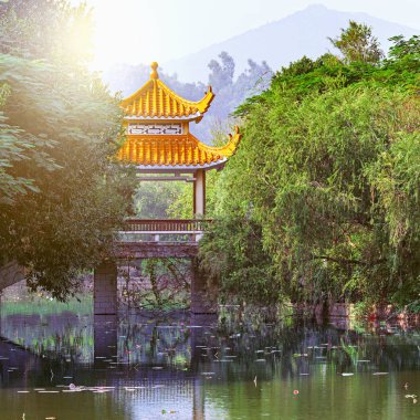 Köprü Şehir Parkı gölde yukarıda. Shenzhen. Çin.