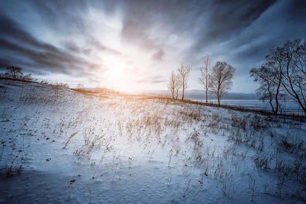 Baykal Gölü Hills Batımında Kış Manzarası Rusya — Stok fotoğraf