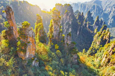 Gün batımında renkli kayalıklarla Zhangjiajie Forest Park içinde. Çin.