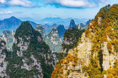 Gün batımında renkli kayalıklarla Zhangjiajie Forest Park içinde. Çin..
