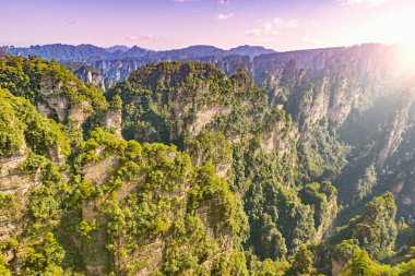 Gün batımında renkli kayalıklarla Zhangjiajie Forest Park içinde. Çin.