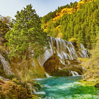 Autumn view of the waterfall with pure water. Jiuzhaigou nature reserve, Jiuzhai Valley National Park, China clipart