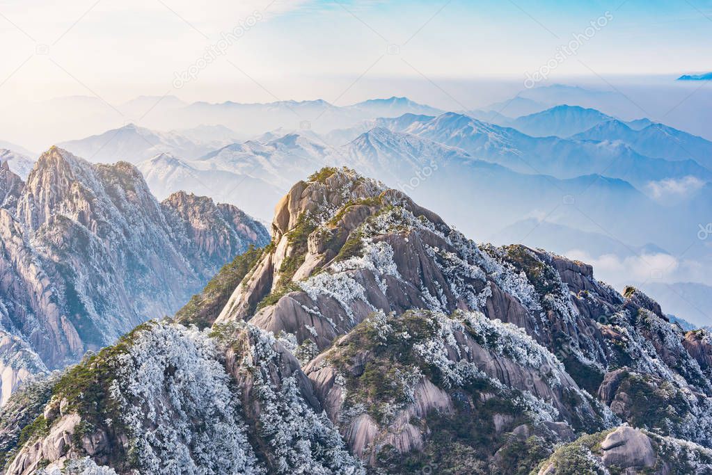 Morning view of the mountain peaks of Huangshan National park. China.