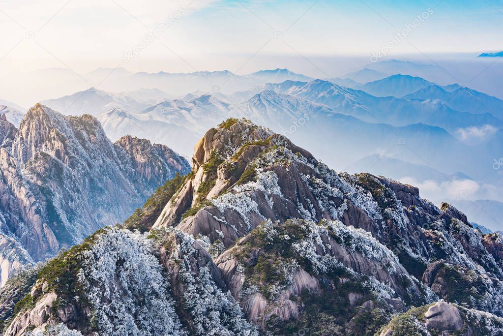 Morning view of the mountain peaks of Huangshan National park. China.