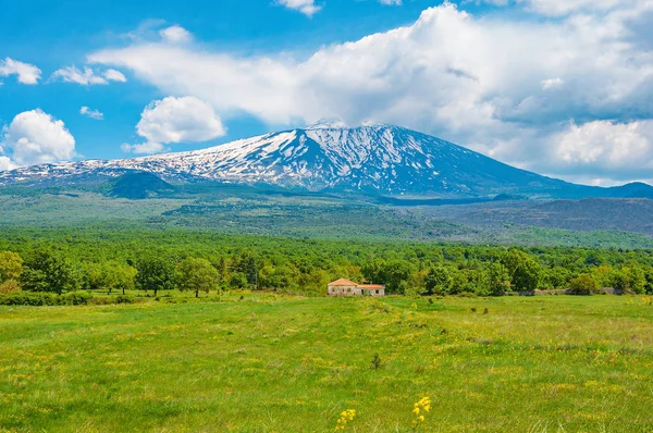 Etna Yanardağı arka plan lav tepelerinde. Sicilya.