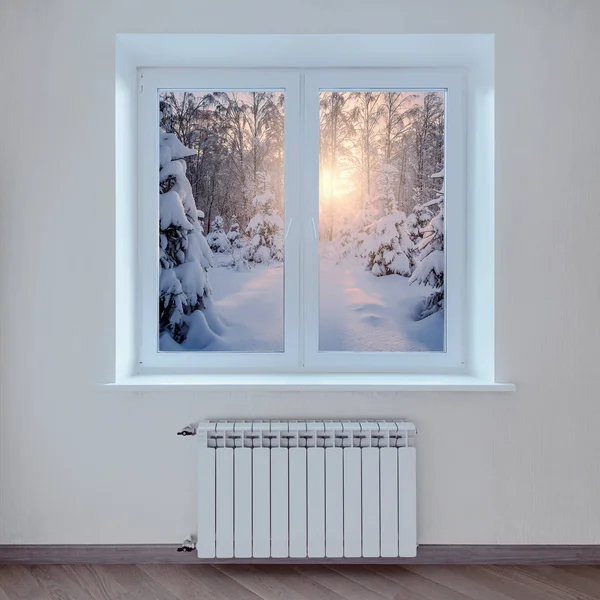 Νωρίς Πρωί Θέα Στο Δάσος Του Χειμώνα Από Παράθυρο — Φωτογραφία Αρχείου