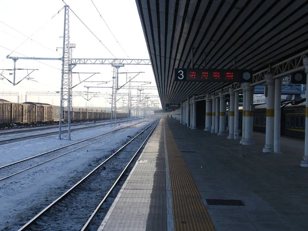 Manzhouli Kina Januari 2017 Tidig Vinter Morgon Visa Järnväg Plattform — Stockfoto