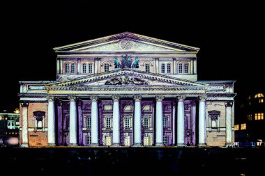 Moskova, Rusya - 20 Eylül 2018: Devlet Akademik Bolşoy Tiyatro Opera ve Balesi ücretsiz aydınlatılmış açık hava Uluslararası Festivali ışık çemberi.