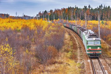 Uzun yük treni sonbahar günü istasyona yaklaşır..