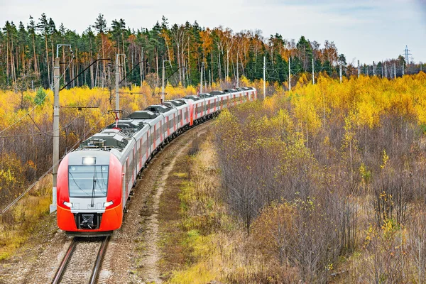 Nowoczesny Pociąg Zbliża Się Stacji Czasie Jesieni — Zdjęcie stockowe