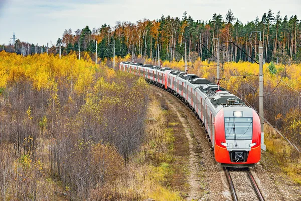 Nowoczesny Pociąg Zbliża Się Stacji Czasie Jesieni — Zdjęcie stockowe