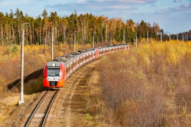 Modern yüksek hızlı tren istasyona sonbahar sabahı zaman yaklaşıyor..