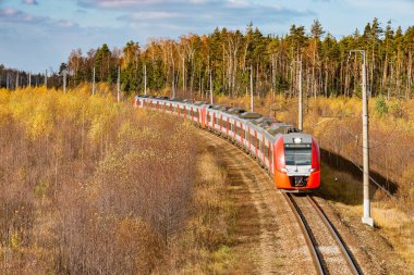 Modern yüksek hızlı tren istasyona sonbahar sabahı zaman yaklaşıyor..