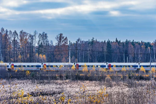 Modern Yüksek Hızlı Tren Istasyona Sonbahar Sabahı Zaman Yaklaşıyor — Stok fotoğraf