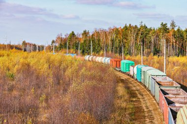 Uzun yük treni sonbahar günü istasyona yaklaşır..