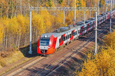 Modern yüksek hızlı tren istasyona sonbahar sabahı zaman yaklaşıyor..