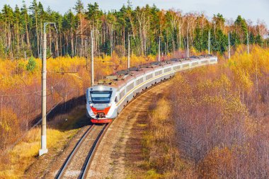 Modern yüksek hızlı tren istasyona sonbahar sabahı zaman yaklaşıyor..