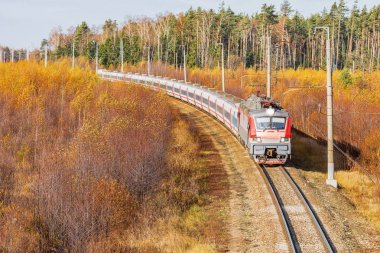 Modern yüksek hızlı tren istasyona sonbahar sabahı zaman yaklaşıyor..