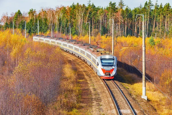 Modern Yüksek Hızlı Tren Istasyona Sonbahar Sabahı Zaman Yaklaşıyor — Stok fotoğraf