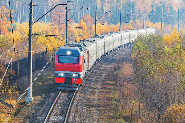 Yolcu tren istasyonuna yaklaşımlar sonbahar sabahı zaman.