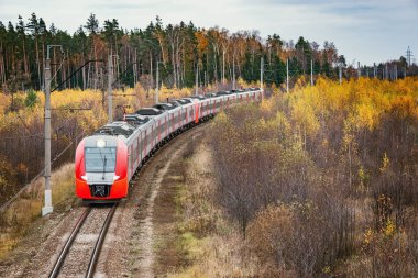 Modern yüksek hızlı tren istasyona sonbahar sabahı zaman yaklaşıyor..
