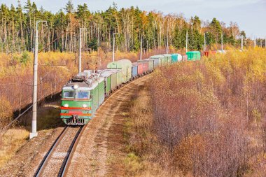 Uzun yük treni sonbahar günü istasyona yaklaşır..