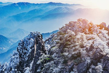 Bulutların üzerinde dağ zirveleri Huangshan Milli Parkı. Çin