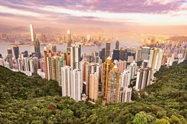 Victoria Tepesi 'nden Hong Kong şehir merkezi manzarası.