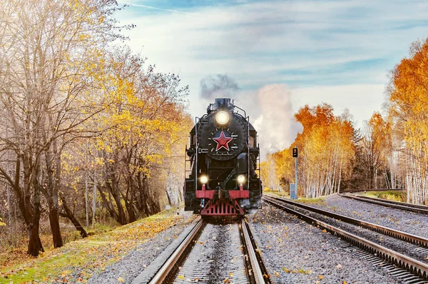 蒸汽火车在秋日向时驶去 莫斯科中央铁路圈子 — 图库照片