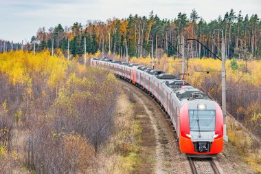 Modern yüksek hızlı tren istasyona sonbahar sabahı zaman yaklaşıyor..