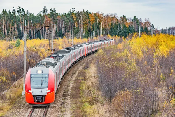 Moderna Snabbtåg Närmar Sig Till Stationen Höst Morgon Tid — Stockfoto