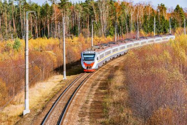 Modern yüksek hızlı tren istasyona sonbahar sabahı zaman yaklaşıyor..
