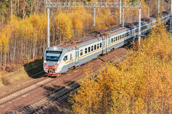Σύγχρονο Τρένο Υψηλής Ταχύτητας Προσεγγίσεις Στο Σταθμό Στην Φθινοπωρινή Πρωινή — Φωτογραφία Αρχείου