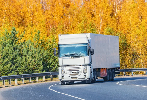 Camião Carga Move Estrada Outono Dia Hora — Fotografia de Stock