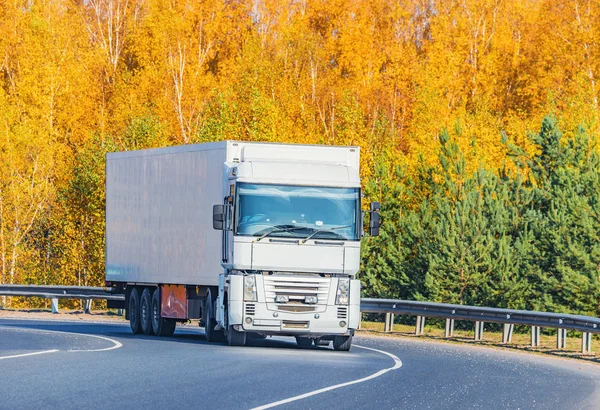 Camion Merci Muove Sulla Strada Autunno Giorno — Foto Stock