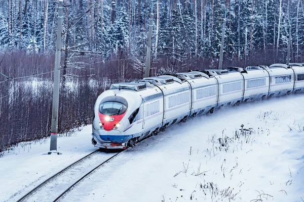 Moderno Trem Alta Velocidade Aproxima Estação Manhã Inverno — Fotografia de Stock