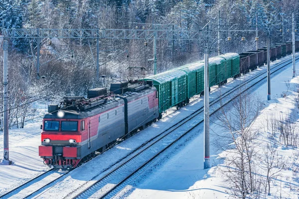 Tren Carga Mueve Por Bosque Invierno Rusia — Foto de Stock