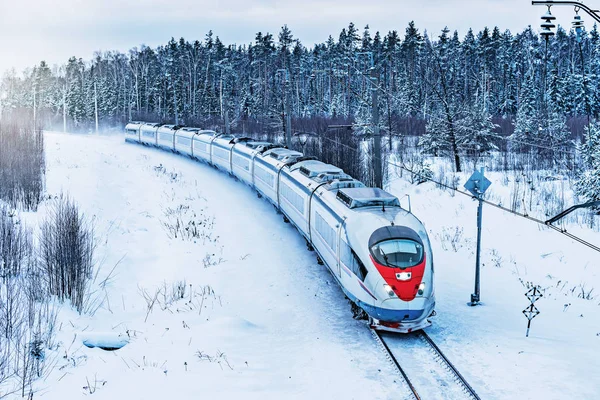 Moderno trem de alta velocidade se aproxima da estação . — Fotografia de Stock