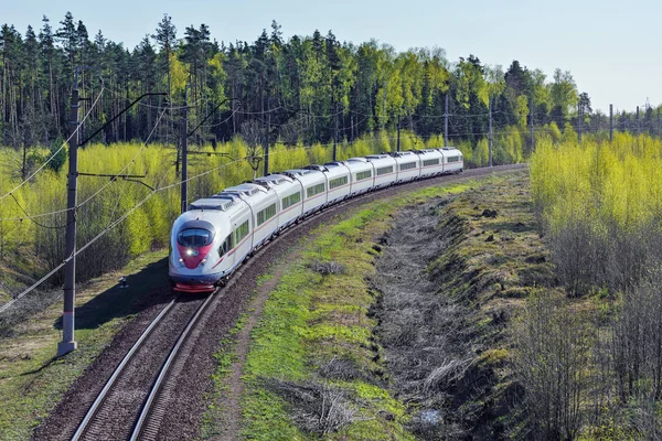 Modern yüksek hızlı tren istasyona yaklaşıyor. — Stok fotoğraf