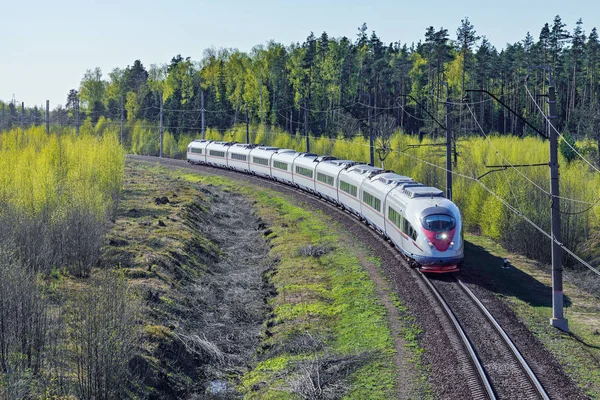 Modern yüksek hızlı tren istasyona yaklaşıyor. — Stok fotoğraf