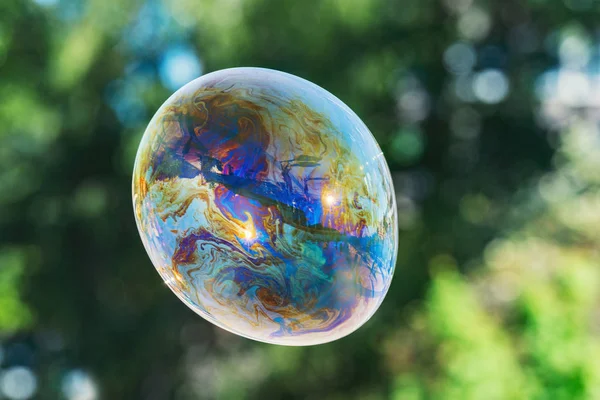 Ağaçların arka planda gökkuşağı renkleri ile Sabun köpüğü.