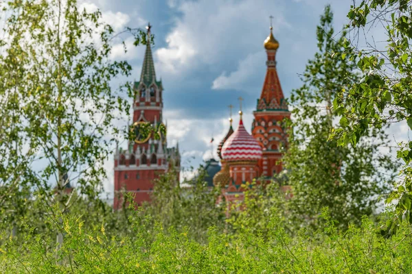 St. Basil Cathedral en Kremlin torens op groene planten achtergrond. Moskou, Rusland. — Stockfoto