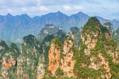 Güneşli akşam saatlerinde Zhangjiajie Orman Parkı'nda renkli kayalıklar. Çin.