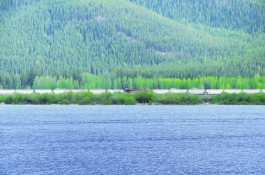 Kanada Rockies göl tarafından uzun yük treni hamle.