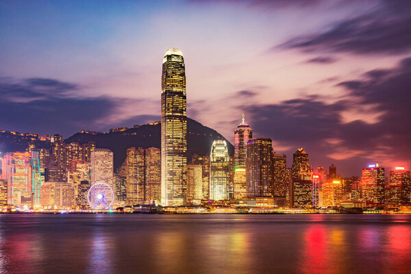 Evening city view of Hong Kong island. Buildings have illumination for Christmas and New Year holiday.